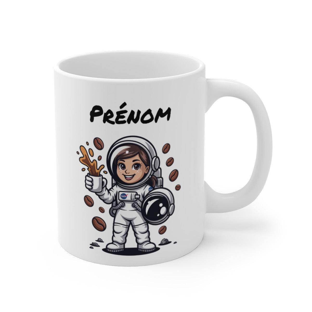 Tasse Astronaute Femme Personnalisable Prénom – Mug Café Spatial 325ml – Cadeau Cosmique Original Univers Galaxie