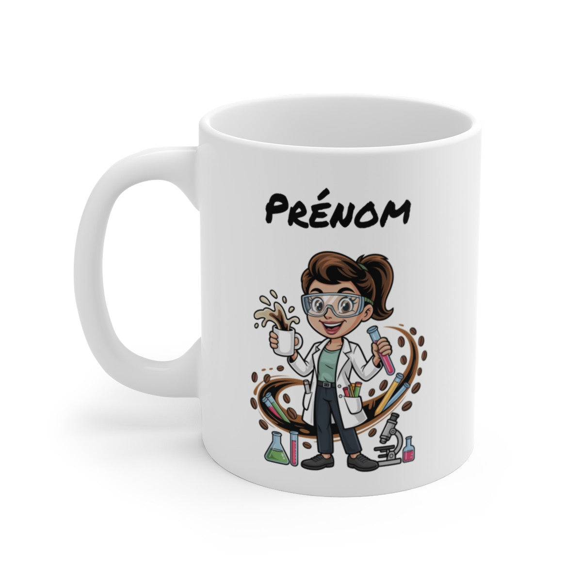 Tasse Scientifique Personnalisable Prénom – Mug Laboratoire Café 325ml – Cadeau Femme Chimie Recherche Original