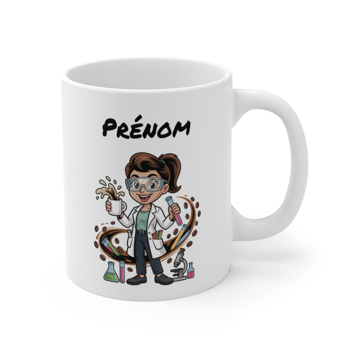 Tasse Scientifique Personnalisable Prénom – Mug Laboratoire Café 325ml – Cadeau Femme Chimie Recherche Original