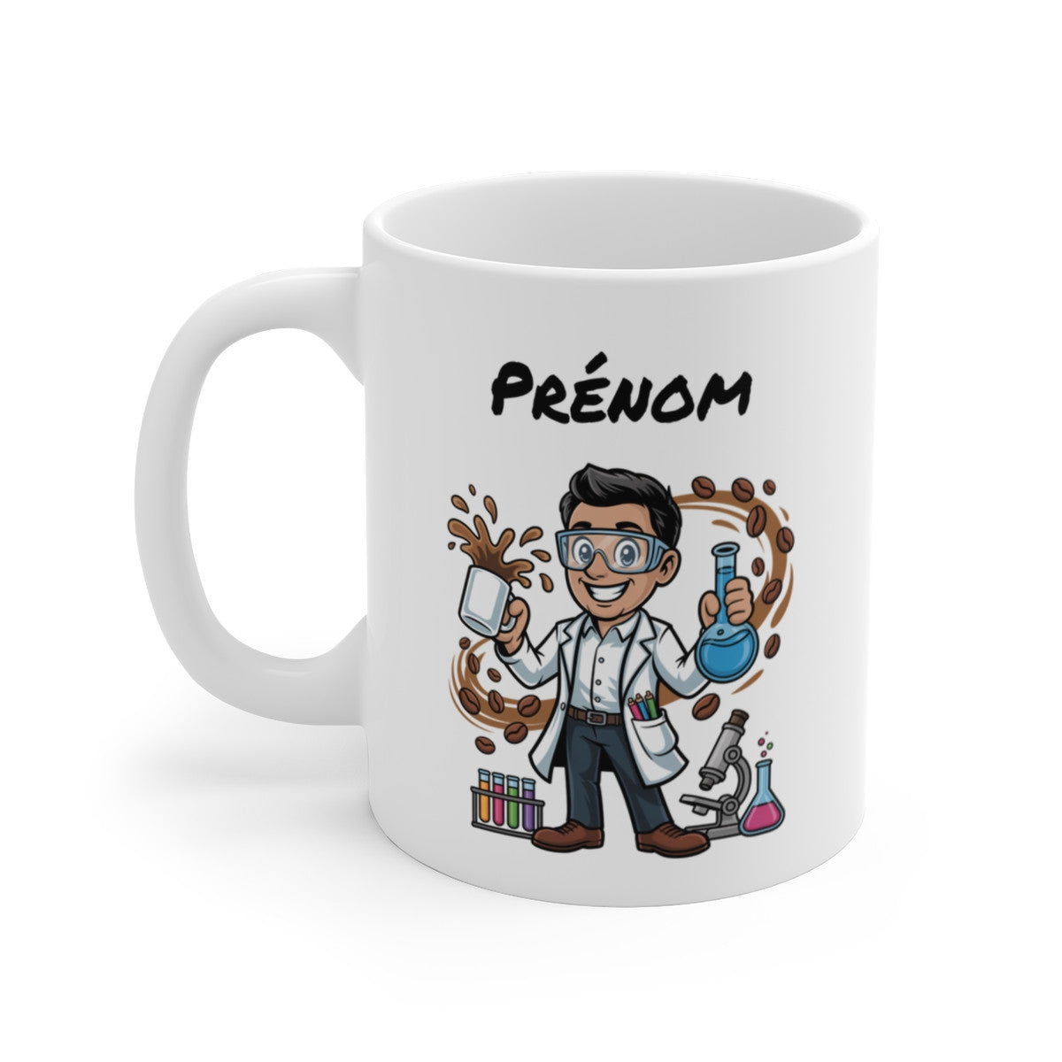 Tasse Scientifique Personnalisable Prénom – Mug Laboratoire Café 325ml – Cadeau Homme Chimie Recherche Original