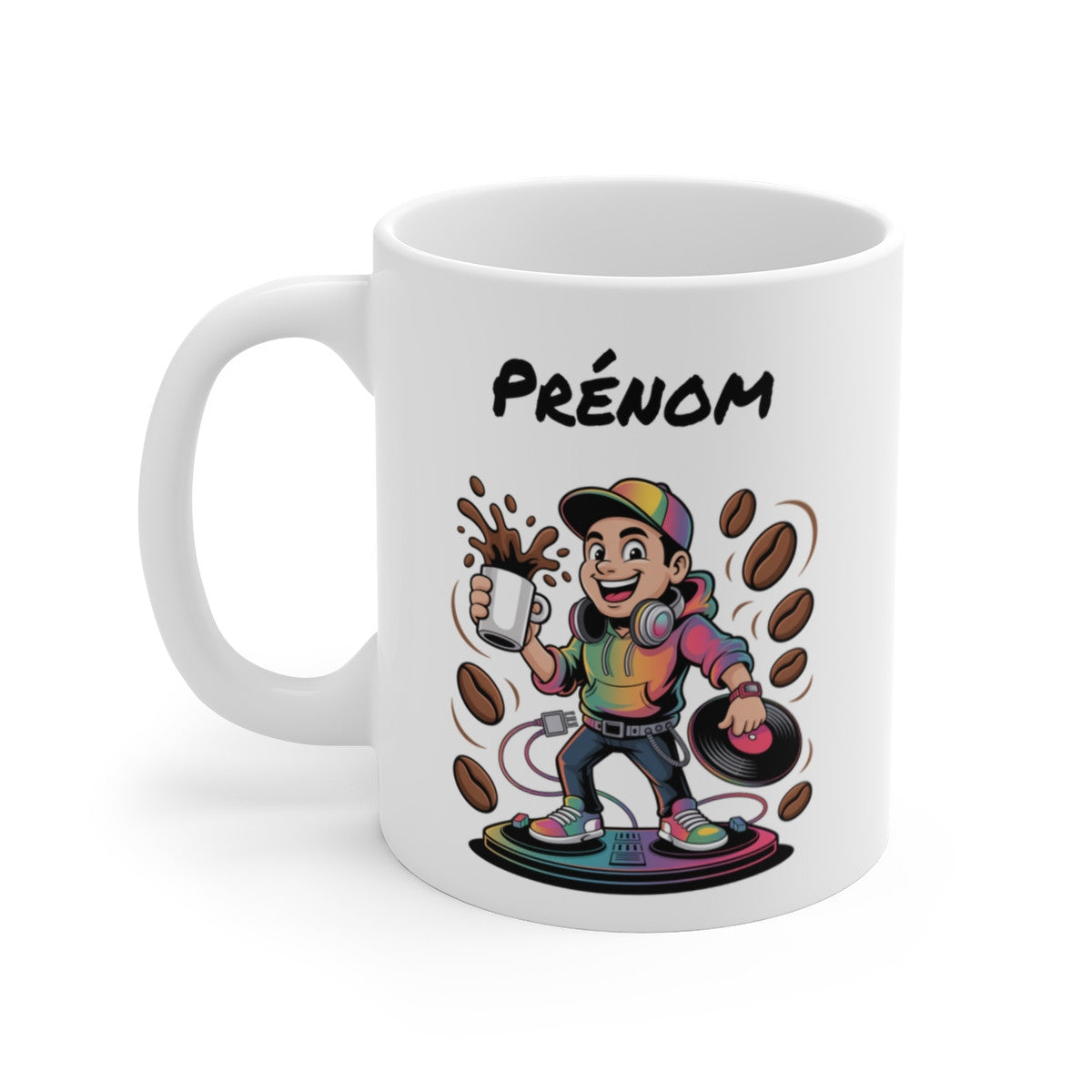 Tasse DJ Personnalisable Prénom – Mug Musique Platines Café 325ml – Cadeau Disc Jockey Original Fête