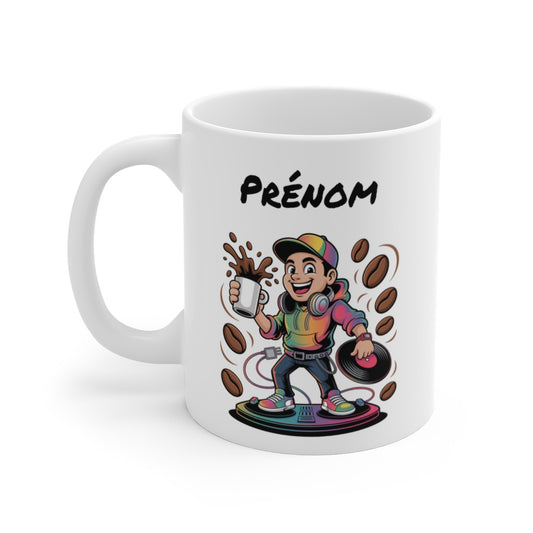 Tasse DJ Personnalisable Prénom – Mug Musique Platines Café 325ml – Cadeau Disc Jockey Original Fête