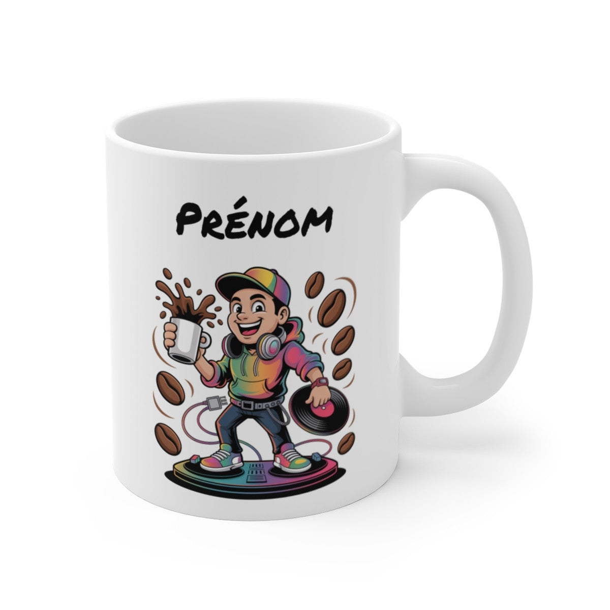 Tasse DJ Personnalisable Prénom – Mug Musique Platines Café 325ml – Cadeau Disc Jockey Original Fête