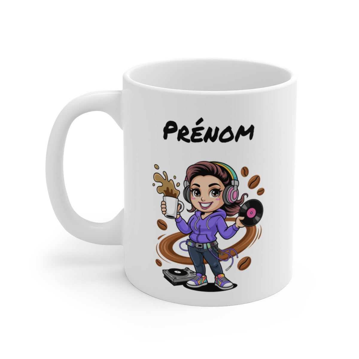 Tasse DJ Femme Personnalisable Prénom – Mug Musique Vinyle Café 325ml – Cadeau Disc Jockey Original Fête