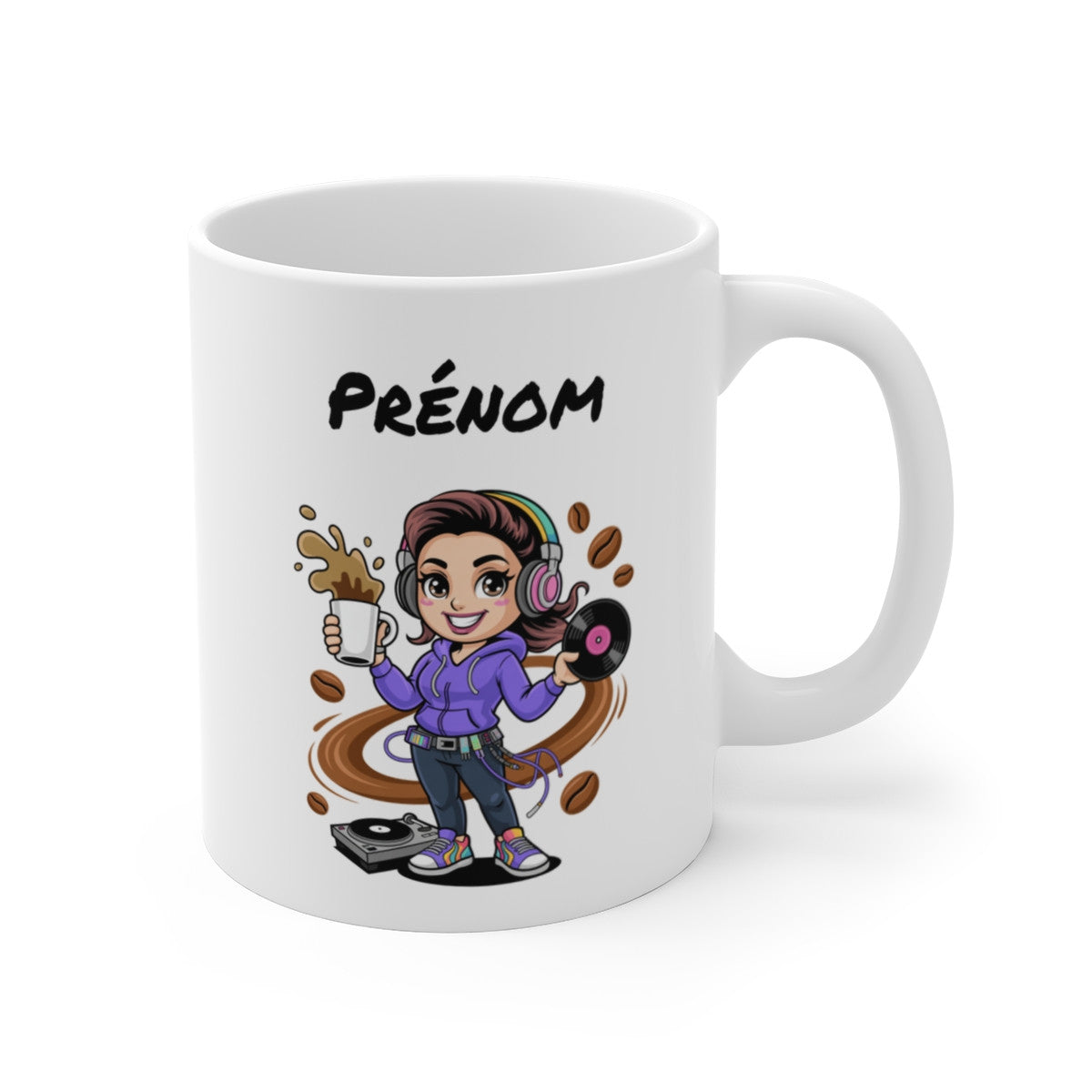 Tasse DJ Femme Personnalisable Prénom – Mug Musique Vinyle Café 325ml – Cadeau Disc Jockey Original Fête
