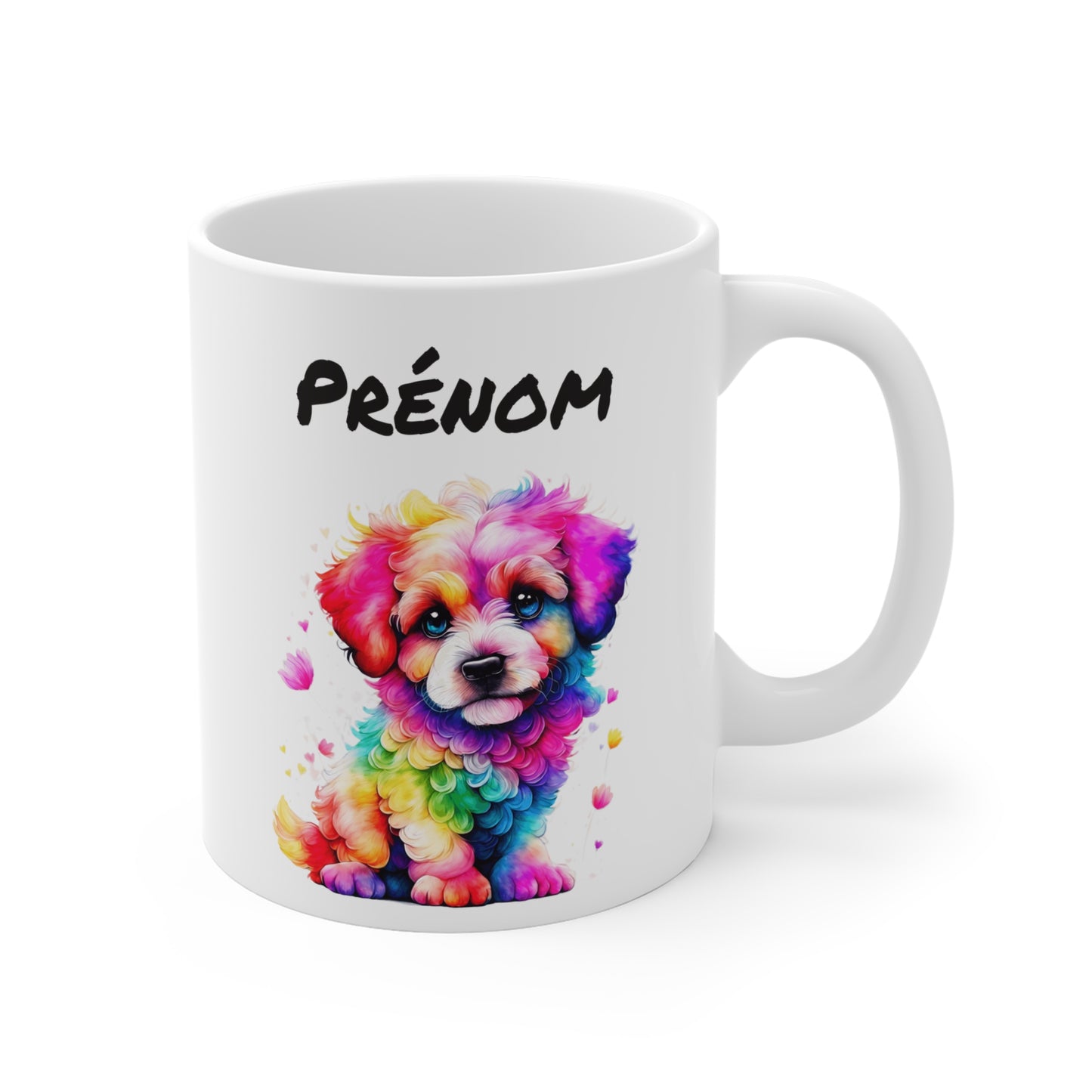 Mug Personnalisé Chiot Coloré 325ml – Tasse Céramique Prénom Chien Arc-en-Ciel Style Aquarelle – Cadeau Animal Mignon