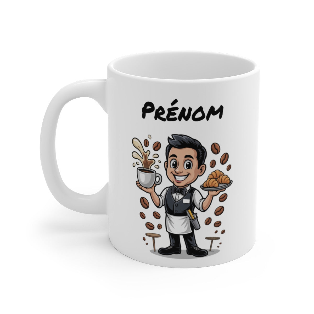 Mug Personnalisable Serveur Café – Tasse Illustration Barista avec Prénom – Cadeau Café