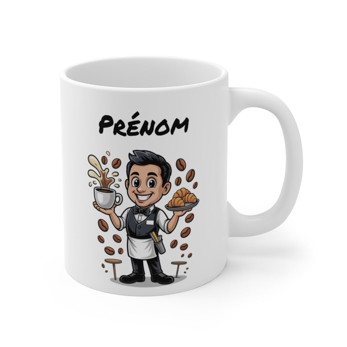 Mug Personnalisable Serveur Café – Tasse Illustration Barista avec Prénom – Cadeau Café