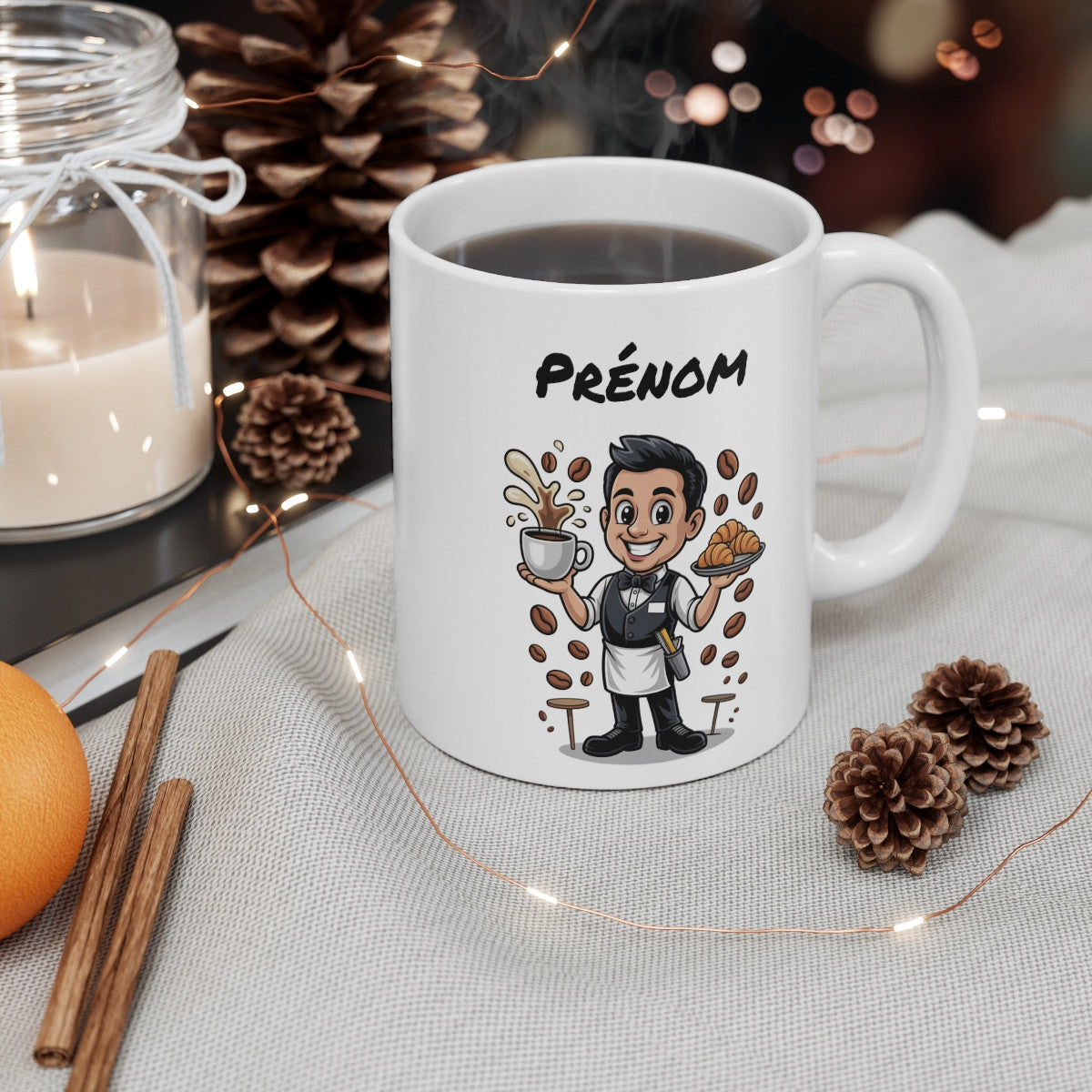 Mug Personnalisable Serveur Café – Tasse Illustration Barista avec Prénom – Cadeau Café