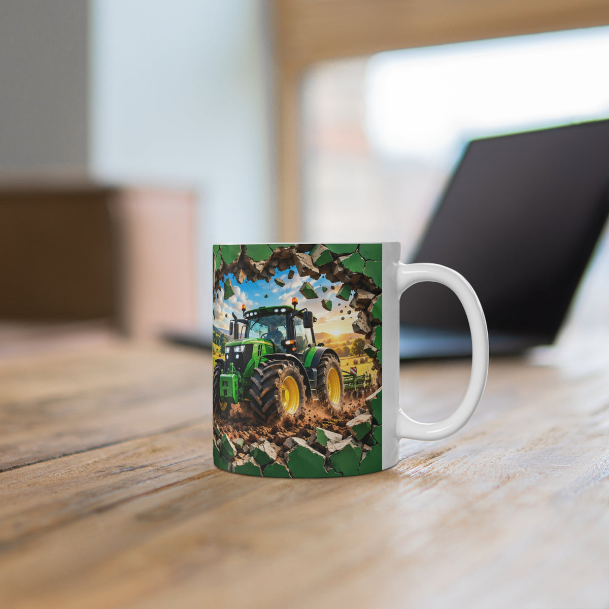 Mug Tracteur Agricole Vert – Tasse Agriculture avec Champ et Effet Mur Brisé – Cadeau Original Agriculteur Passionné de Tracteurs