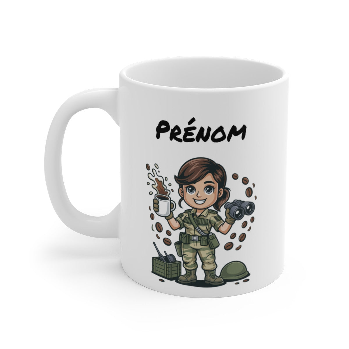 Mug Militaire Femme Personnalisable – Tasse Soldate avec Café et Jumelles – Cadeau Armée Femme