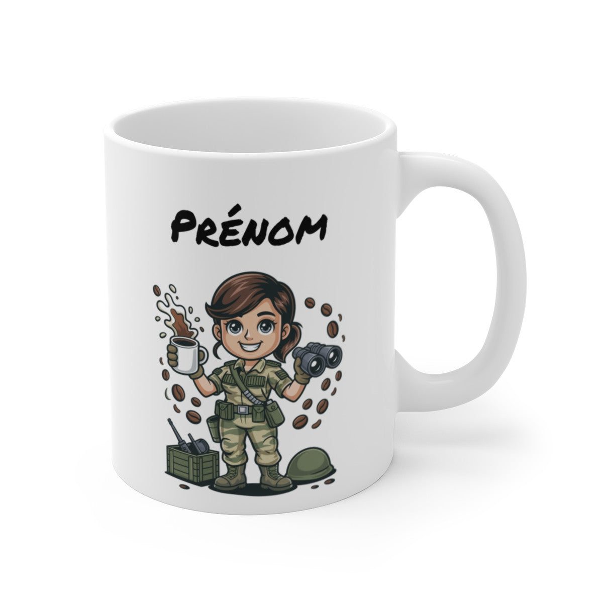 Mug Militaire Femme Personnalisable – Tasse Soldate avec Café et Jumelles – Cadeau Armée Femme