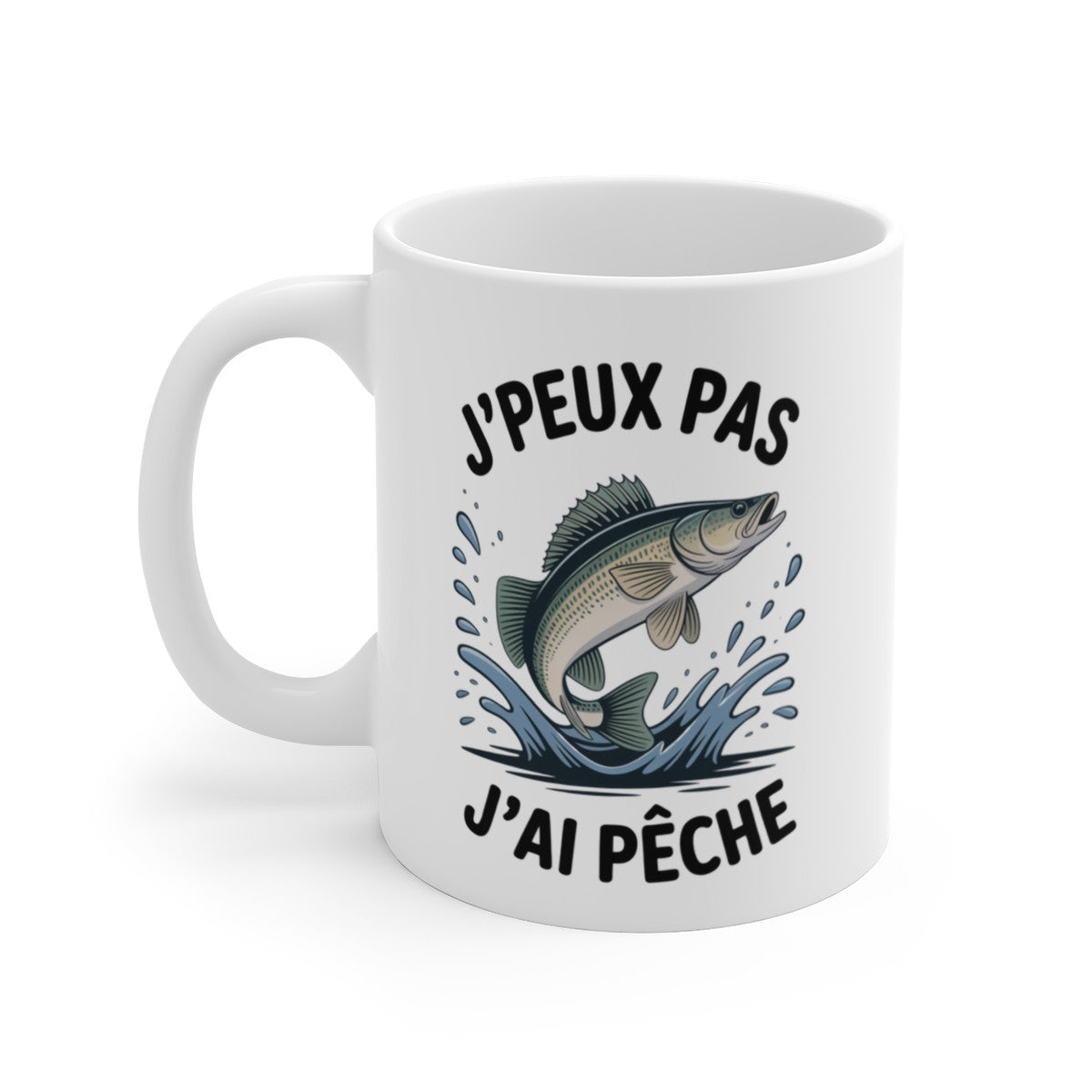 Mug Pêche Humour J’peux pas j’ai pêché – Illustration Poisson Sautant – Tasse Céramique 325ml