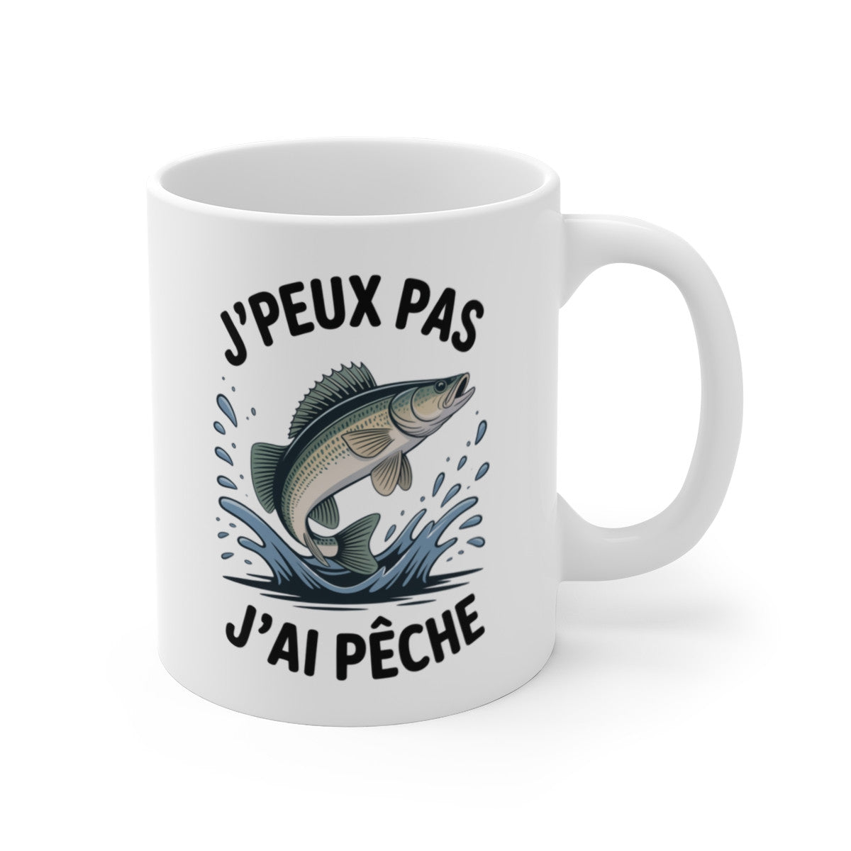 Mug Pêche Humour J’peux pas j’ai pêché – Illustration Poisson Sautant – Tasse Céramique 325ml