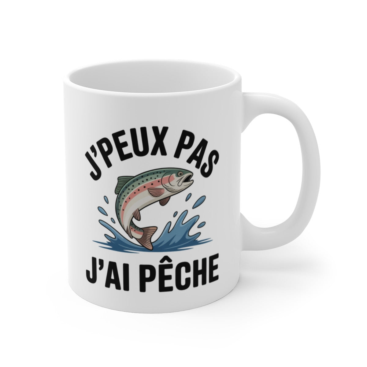 Mug Pêche Truite Humour J’peux pas j’ai pêché – Illustration Truite Sautante – Tasse Céramique