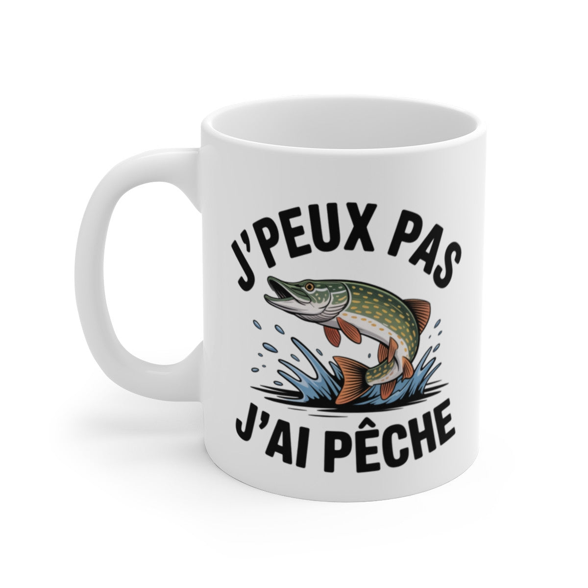 Mug Pêche Brochet J’peux pas j’ai pêché – Illustration Brochet Sautant – Tasse Céramique