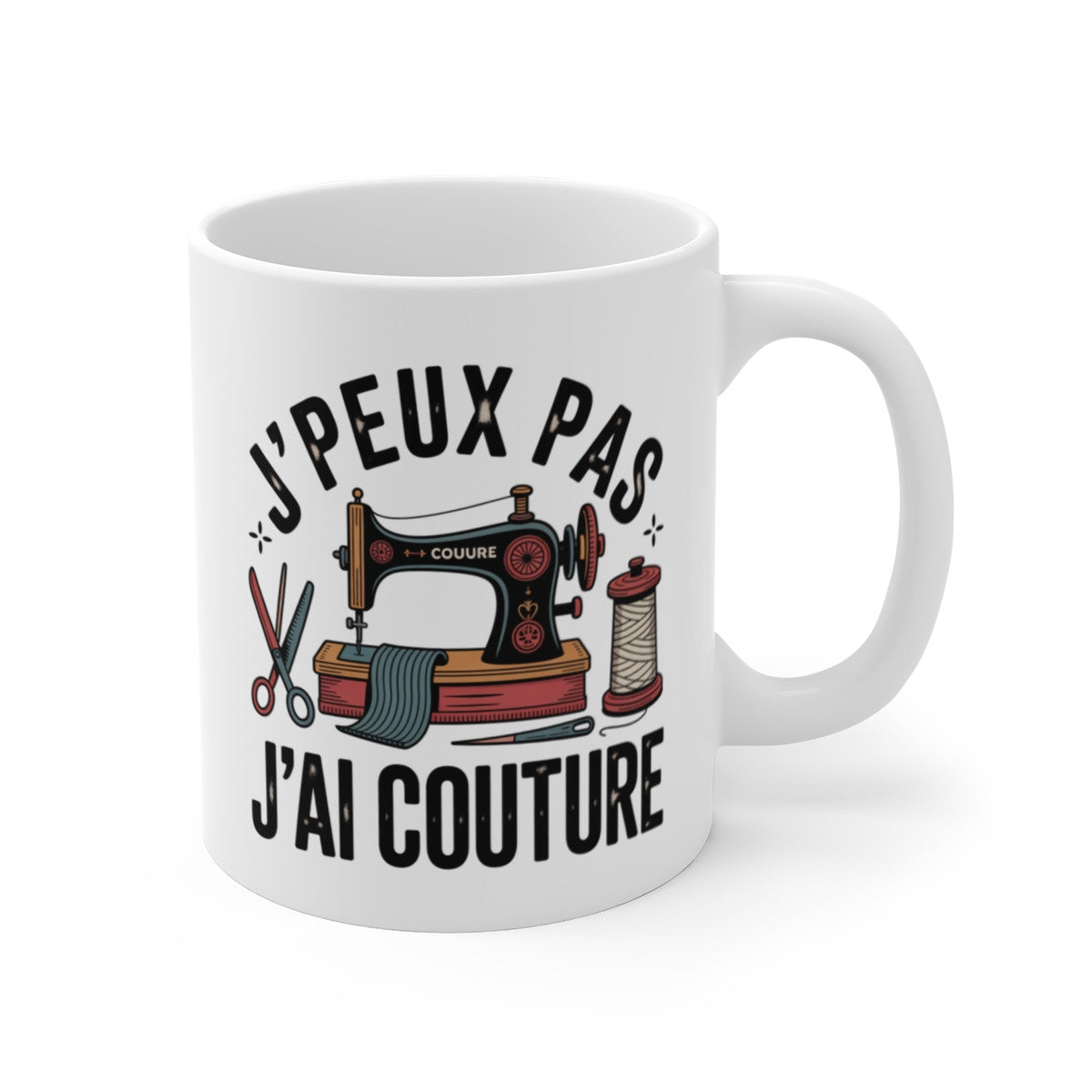 Mug Couture J’peux pas j’ai couture – Illustration Machine à Coudre Vintage – Tasse Céramique 325ml