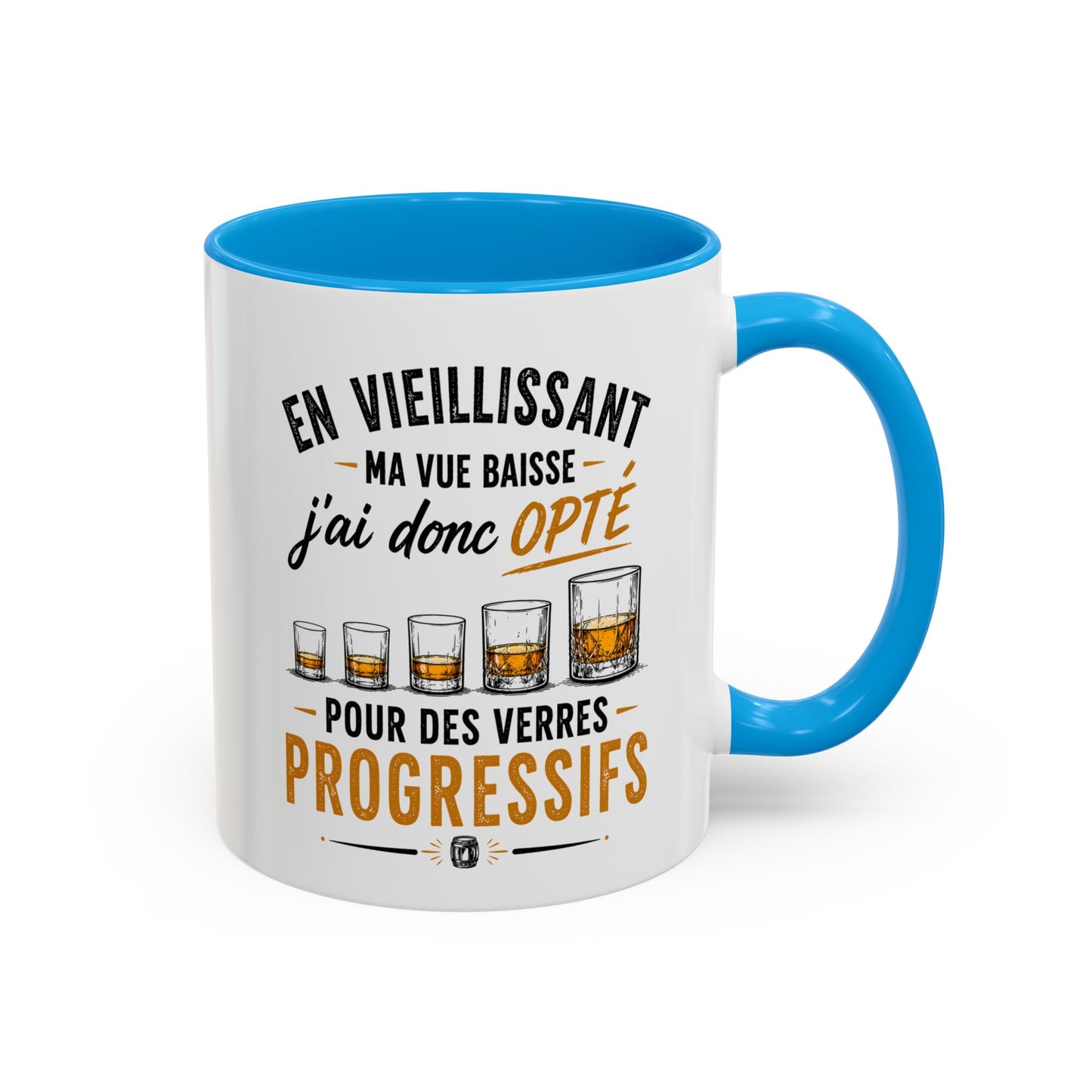 Mug Humour Whisky et Vieillesse – En Vieillissant Ma Vue Baisse J’ai Donc Opté pour des Verres Progressifs – Cadeau Drôle Amateur Whisky 325ml