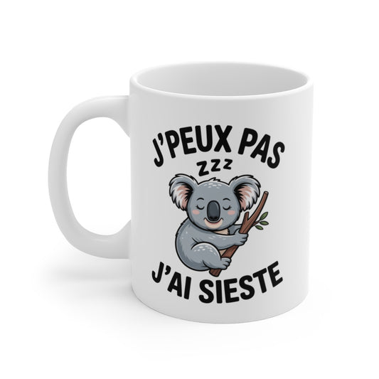 Mug Sieste Humour J’peux pas zzz j’ai sieste – Illustration Koala Endormi – Tasse Céramique 325ml