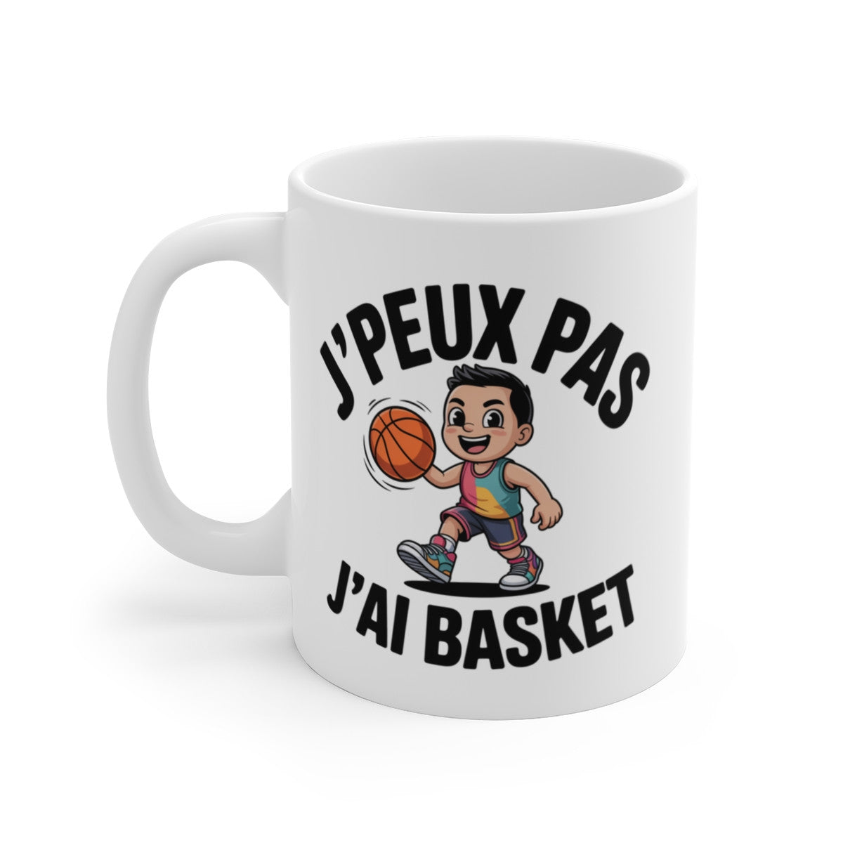 Mug Basket Enfant J’peux pas j’ai basket – Illustration Garçon Jouant au Basket – Tasse Céramique 325ml