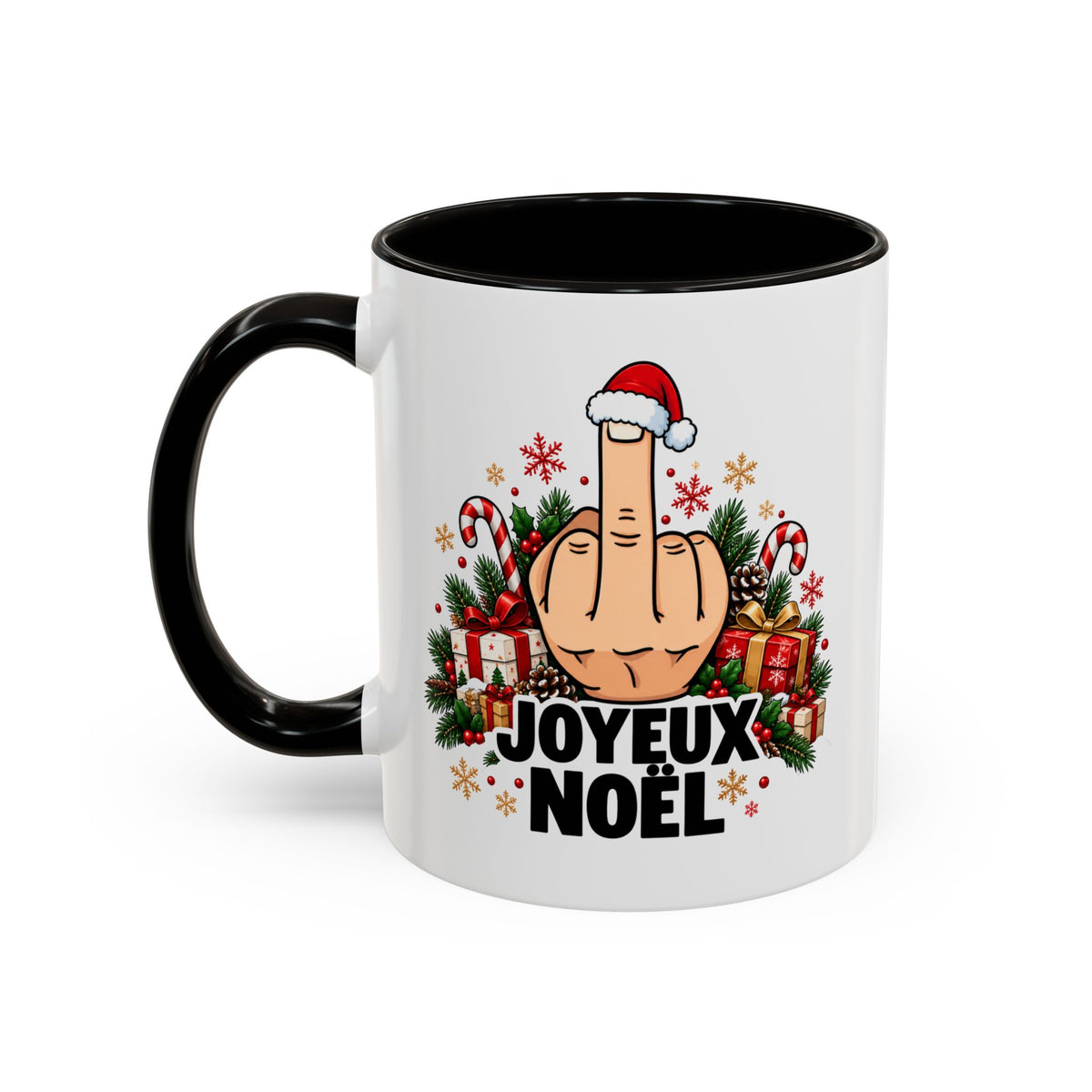 Mug Humour Noël « Joyeux Noël » – Tasse Geste Insolent avec Bonnet de Père Noël, Cadeaux et Sucre d’Orge – Cadeau Drôle Homme Femme