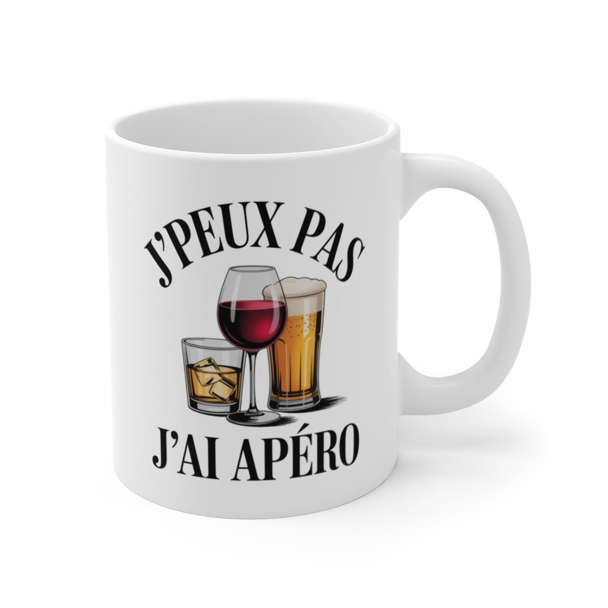 Mug Apéro J’peux pas j’ai apéro – Vin Bière Whisky – Illustration Verres Alcool – Tasse Céramique 325ml