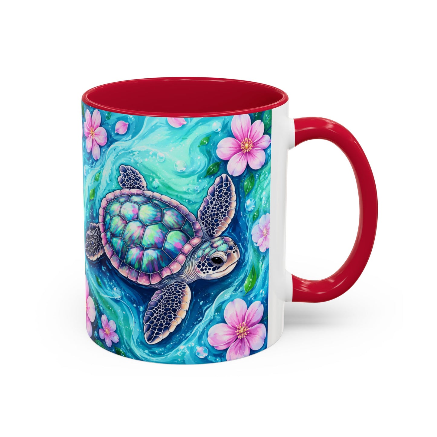 Tasse Tortue Marine Tropicale – Mug Océan et Fleurs Pastel – Cadeau Nature Mer 325ml