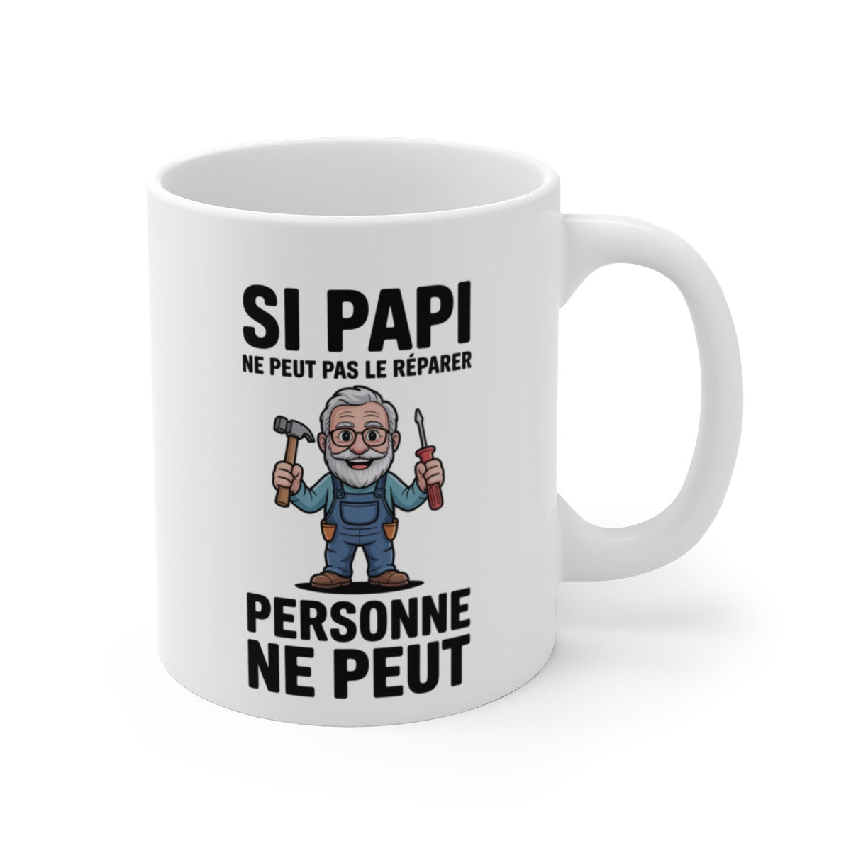 Mug Céramique Bricoleur – Illustration Papy Rigolo avec Outils – Design Humour Réparation
