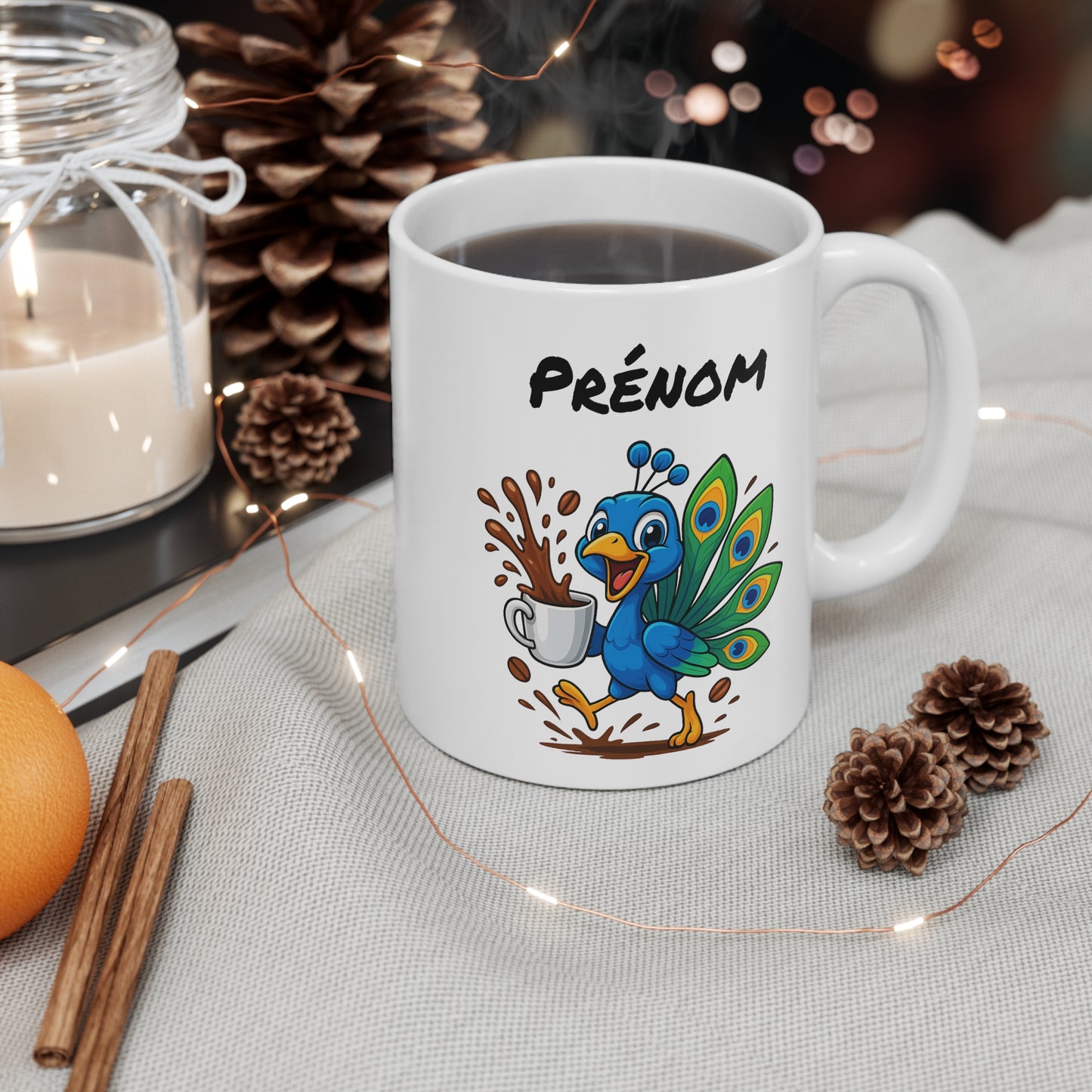 Tasse Personnalisable Paon Café – Mug Prénom Cartoon – Cadeau Original Amateur de Café 325ml