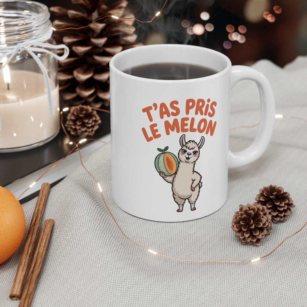 Mug Lama Humour – “T’as Pris le Melon” – Illustration Drôle Fruit – Tasse Fun 325ml