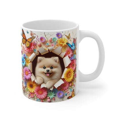 Tasse Céramique Spitz Nain Pomeranian et Fleurs – Mug Chien Mignon Papillons – Cadeau Animaux Bohème 325ml