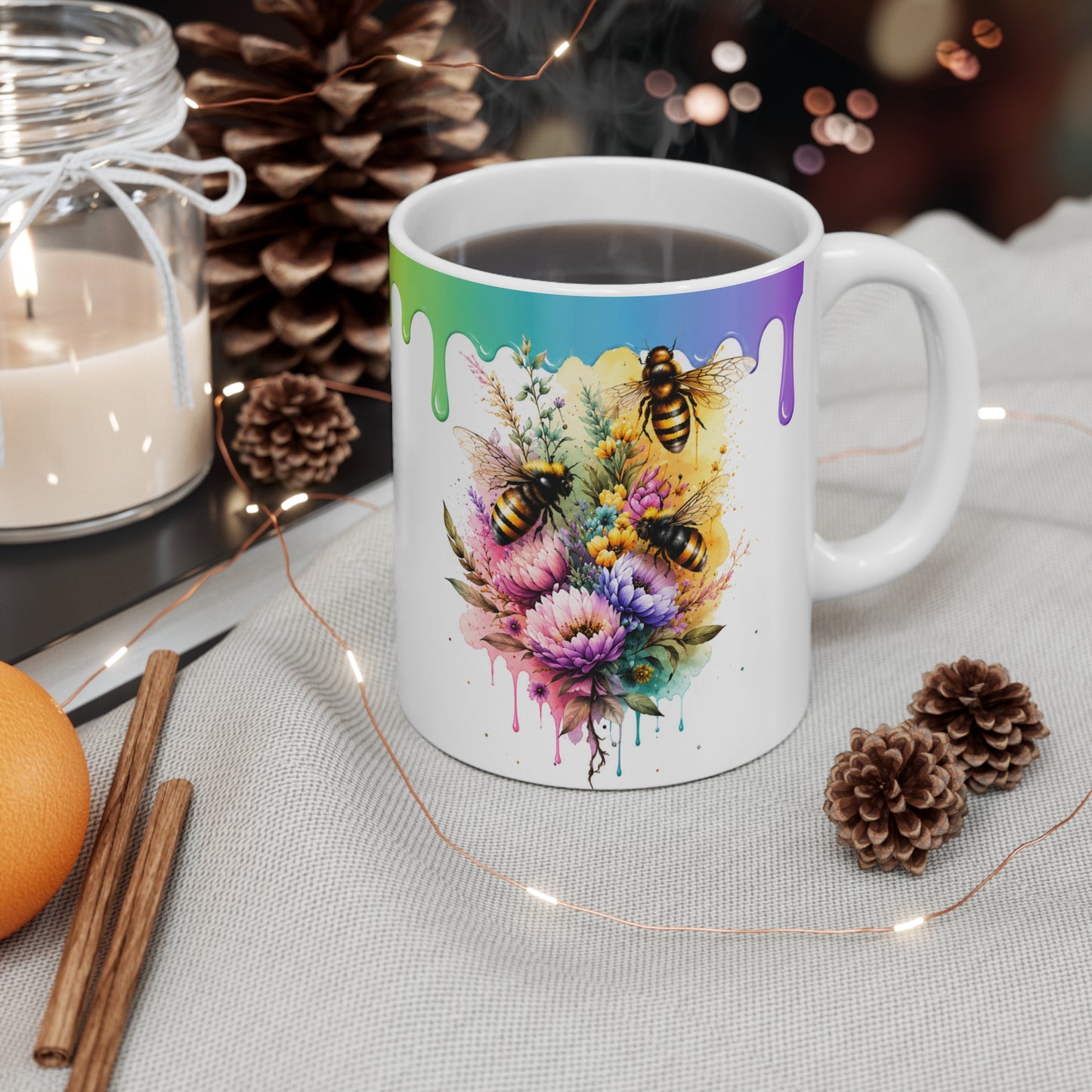 Tasse Abeilles Florales – Mug Fleurs Colorées et Abeilles Aquarelle Arc-en-Ciel – Cadeau Nature Femme 325ml