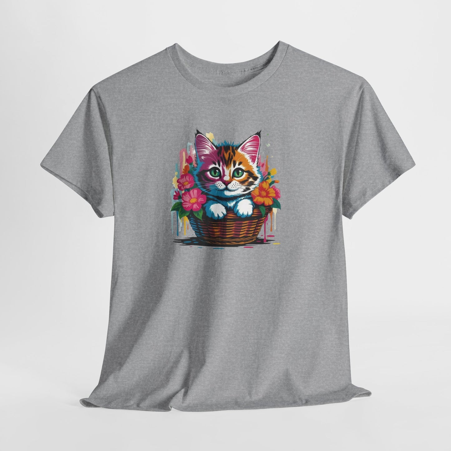 T-Shirt Chaton Mignon Adulte – Chat avec Fleurs Colorées – Tee Shirt Animal Cute Panier Noir Blanc Gris Cadeau