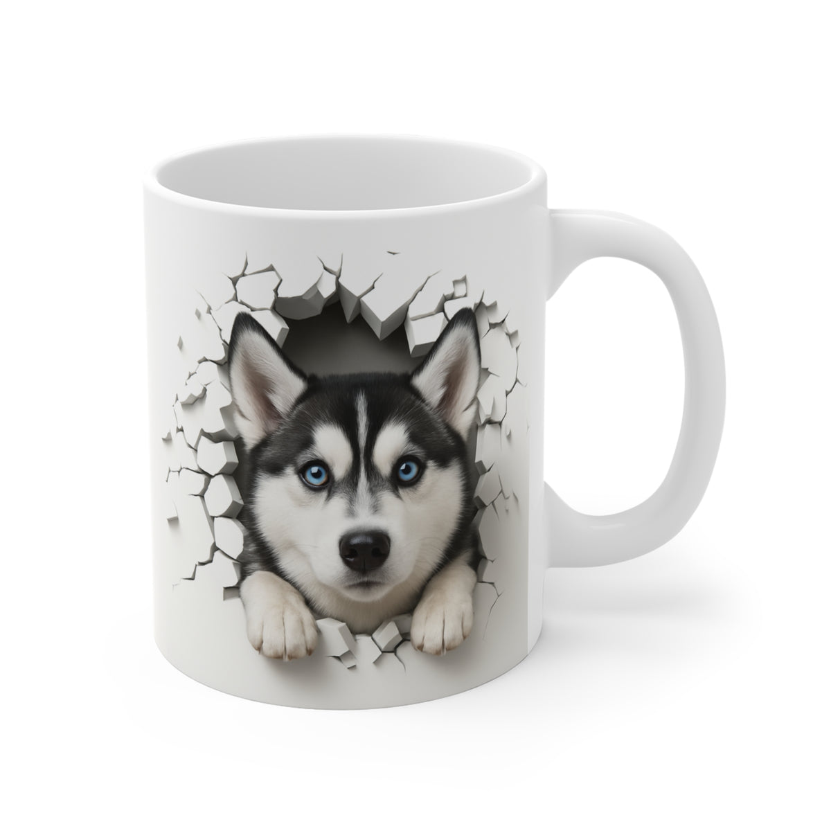 Mug Husky Sibérien Effet Mur Cassé – Tasse Chien 3D Trompe-l’œil – Cadeau Original Amoureux du Husky