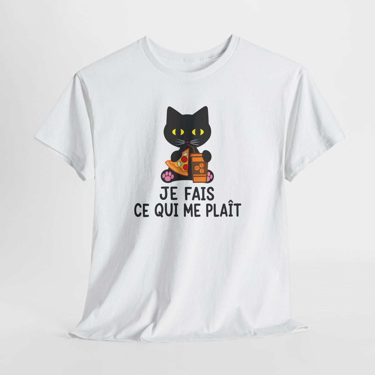 Tee Shirt Chat Homme Femme – Chat Pizza et Café Humour – Idée Cadeau Drôle Amoureux des Chats Gourmand
