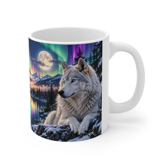 Mug Loups sous les Aurores Boréales – Tasse Paysage Montagne, Lac et Pleine Lune – Cadeau Original Amoureux des Loups et de la Nature