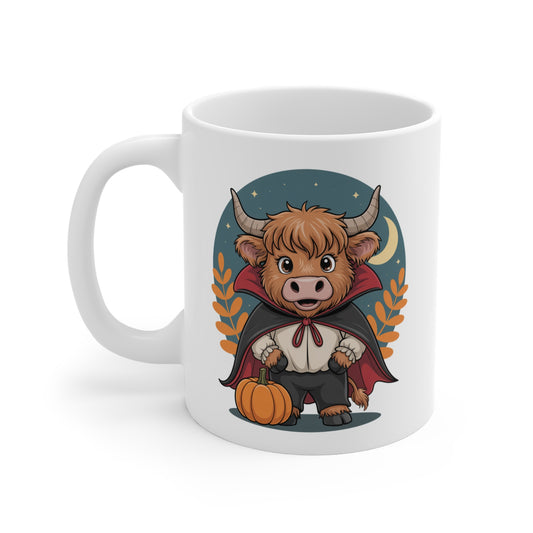 Tasse Halloween – Mug Vache Highland Déguisée en Vampire avec Cape et Citrouille – Cadeau Original