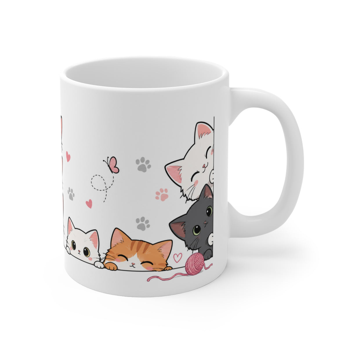 Mug Chats Mignons et Colorés – Tasse avec Petits Chats, Cœurs, Papillons et Pelote de Laine – Cadeau Original Amoureux des Chats