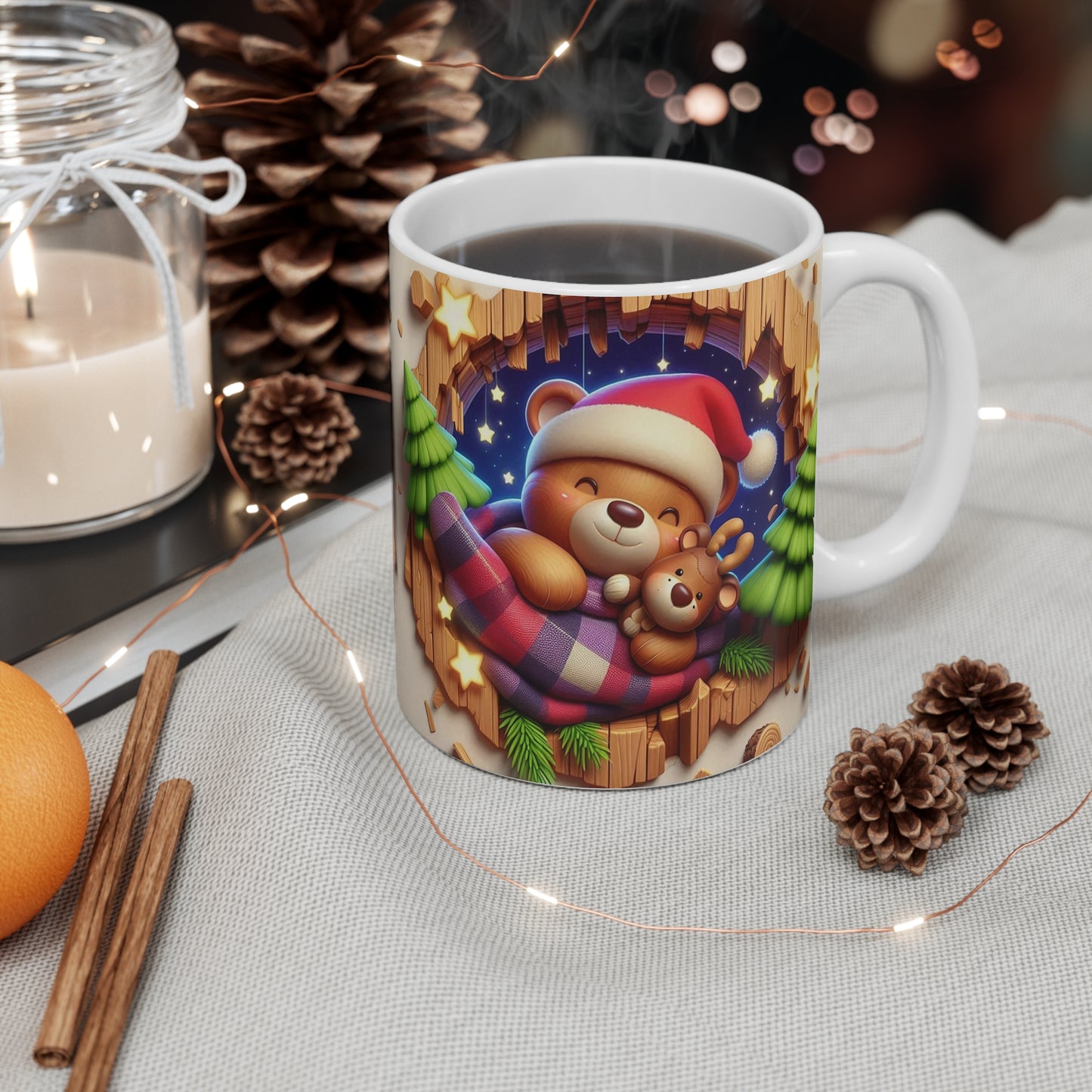 Tasse Ourson de Noël – Mug Céramique 325ml – Cadeau Hiver Cocooning avec Doudou Renne