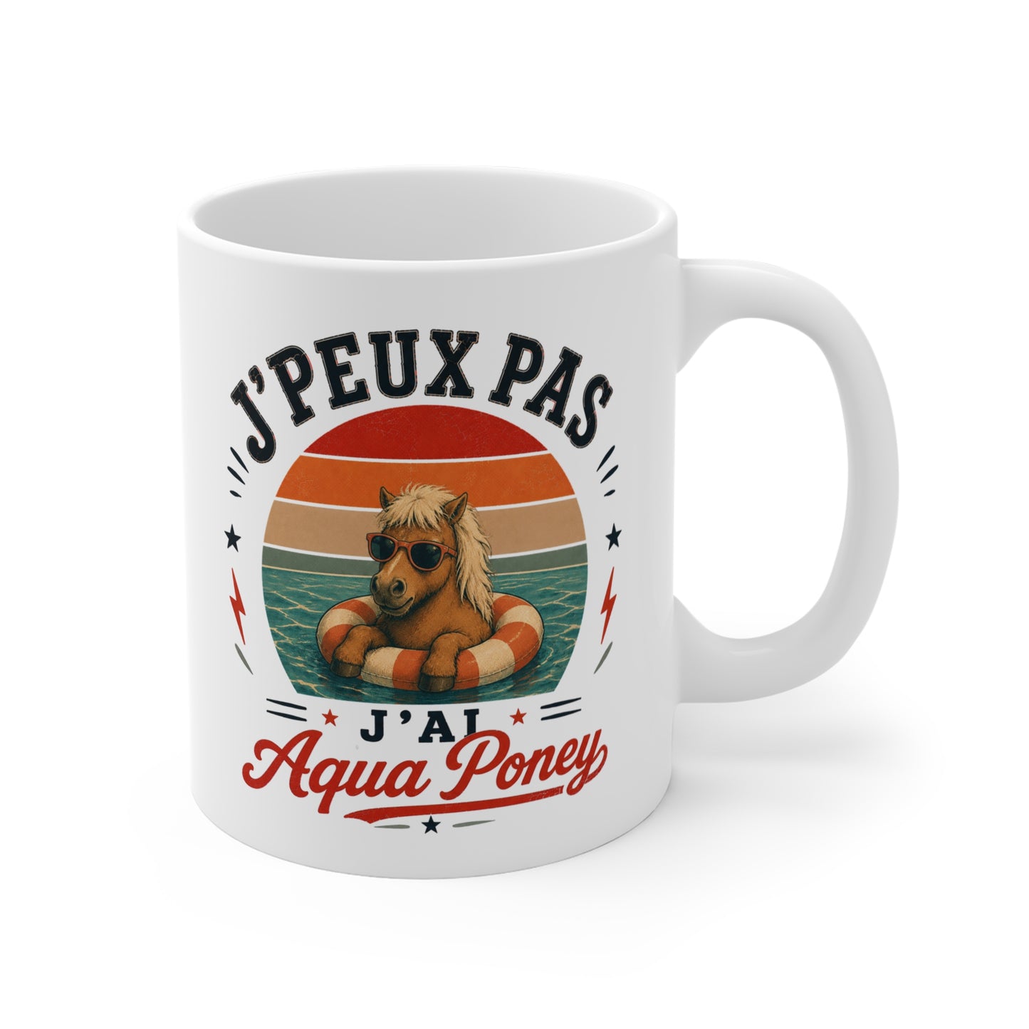 Tasse J’Peux Pas J’Ai Aqua Poney – Mug Humour Poney Piscine Vintage – Cadeau Drôle Homme Femme 325ml