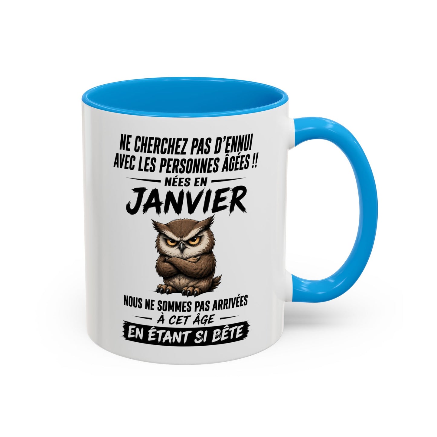 Tasse Humour Personnes Nées en Janvier – Mug Chouette Drôle Senior Retraité – Cadeau Anniversaire Homme Femme 325ml