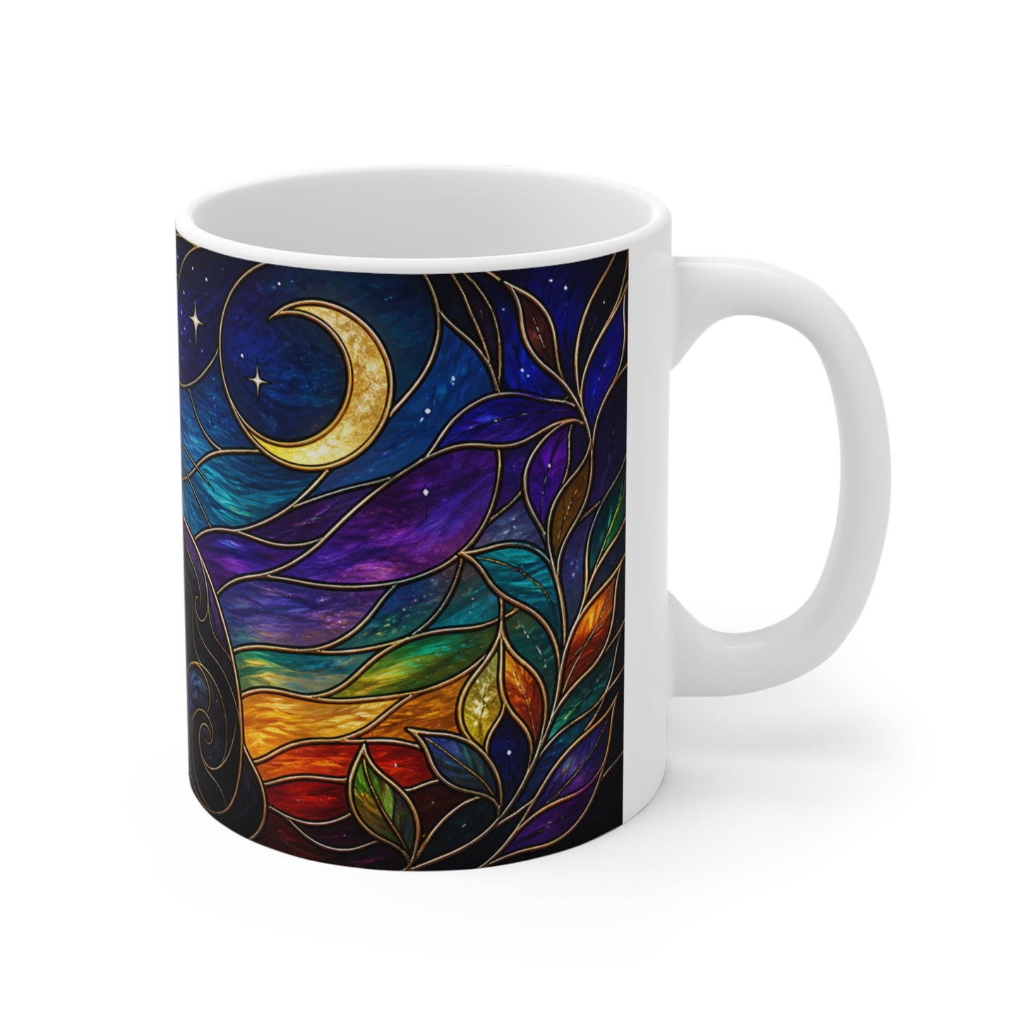 Tasse Chat Noir Mystique Vitrail – Mug Chat Lune Étoiles Art Fantastique Coloré Cadeau Homme Femme Enfant 325ml