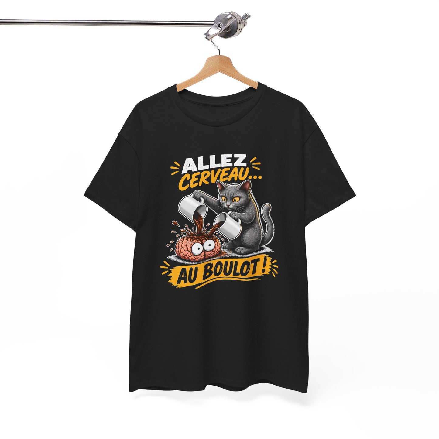 Tee Shirt Humour Homme et Femme – Allez Cerveau au Boulot – T-Shirt Chat Café Fatigue Travail Cadeau Drôle Original
