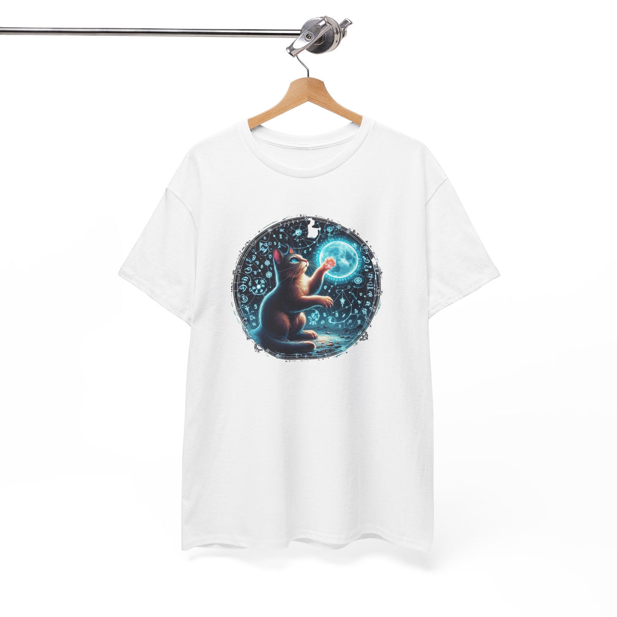 Tee Shirt Chat Mystique Homme Femme – T-Shirt Chat Lune Magique – Univers Astral Ésotérique – Design Fantastique Bleu