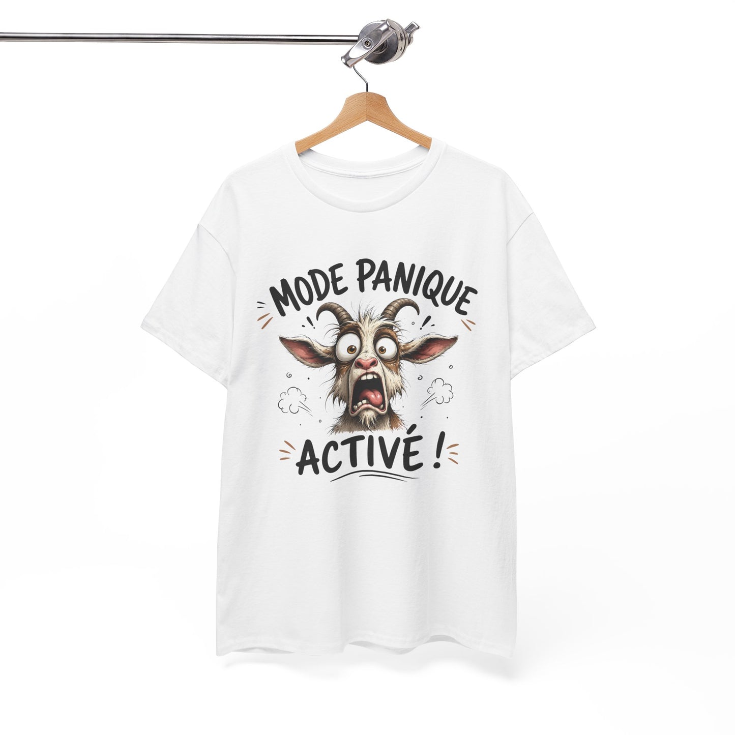 Tee-Shirt Mode Panique Activé – Chèvre Délirante Humour – Cadeau Drôle Homme Femme Adulte – Animal Rigolo et Citation Amusante