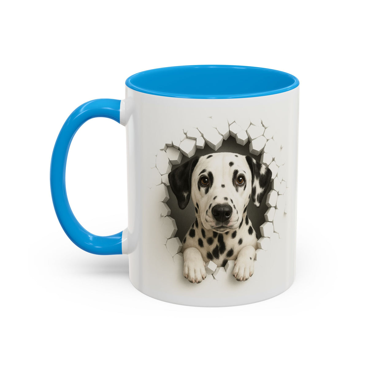 Mug Dalmatien Effet Mur Cassé – Tasse Chien 3D Trompe-l’œil – Cadeau Original Amoureux du Dalmatien noir bleu rouge