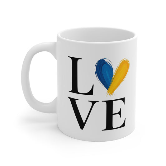 Tasse Love avec Cœur Bleu Jaune – Mug Design Minimaliste Moderne – Cadeau Original Homme Femme 325ml