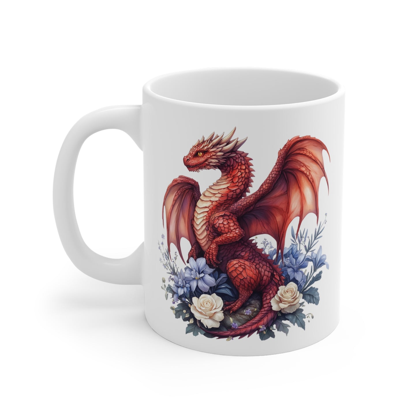 Mug Dragon Rouge et Fleurs Bleues – Tasse Fantasy Élégante et Magique – Cadeau Céramique 325ml