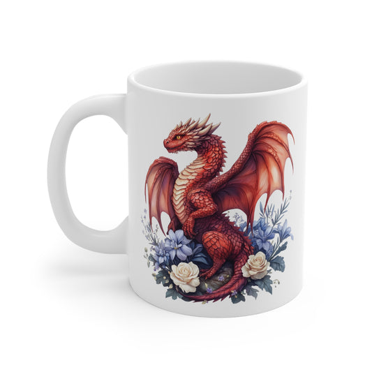 Mug Dragon Rouge et Fleurs Bleues – Tasse Fantasy Élégante et Magique – Cadeau Céramique 325ml