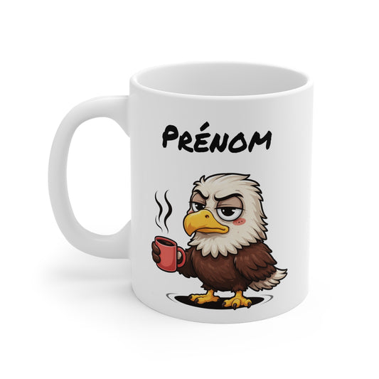 Tasse Personnalisable Aigle Fatigué – Mug Humour Café Matin Difficile – Cadeau Drôle Prénom 325ml
